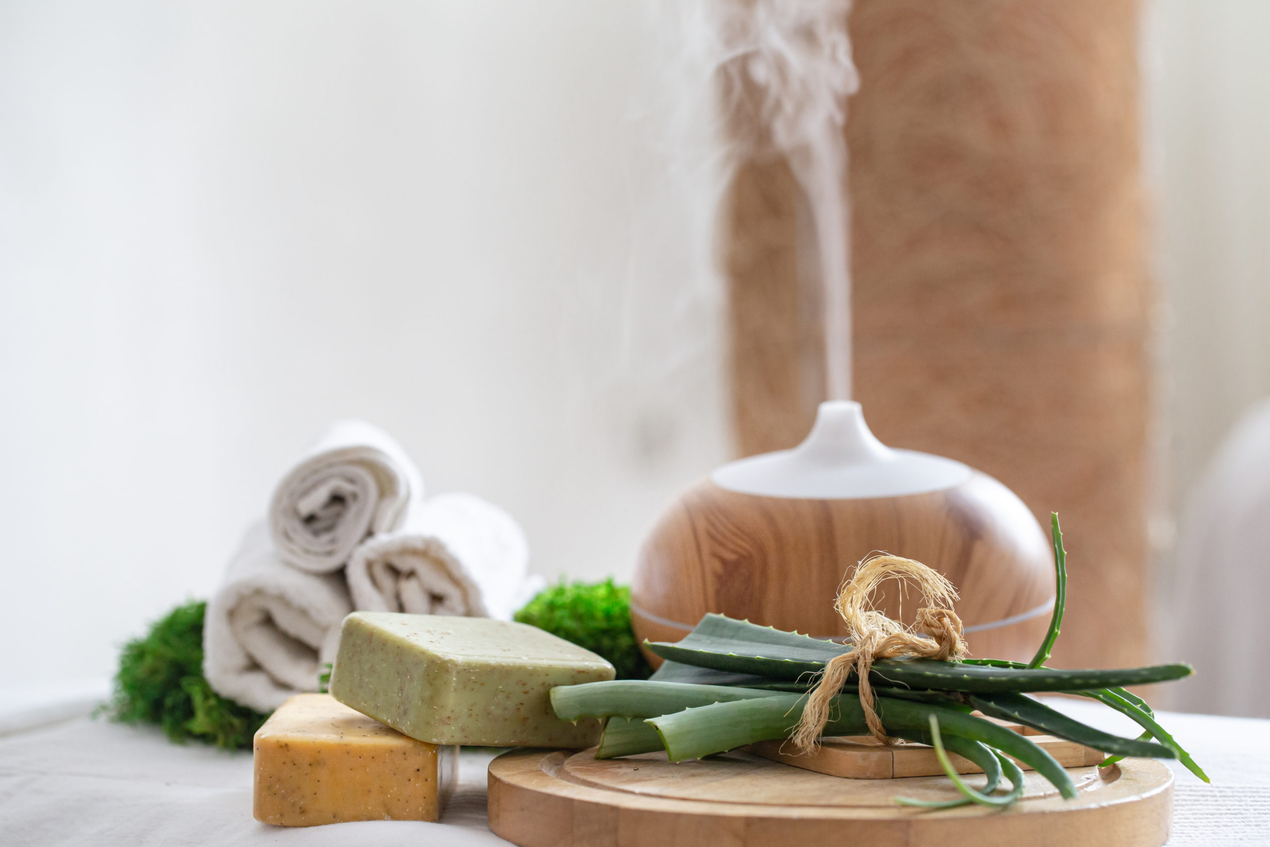 Spa composition with the aroma of a modern oil diffuser with body care products . Twisted white towels, and aloe Vera . The concept of Wellness for body and health .